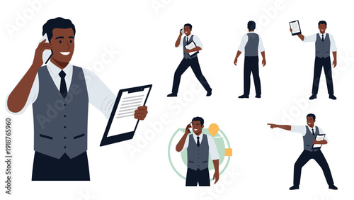 Versatile set of a black businessman character in professional attire showing various work activities and different active poses.