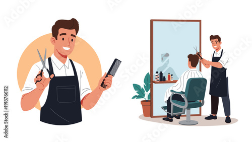 Skilled male barber shown in a portrait and while cutting a customer's hair in a modern professional hair salon environment.