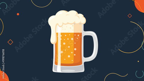 Cold glass mug filled with golden beer and thick white foam against a dark blue background with various abstract shapes.