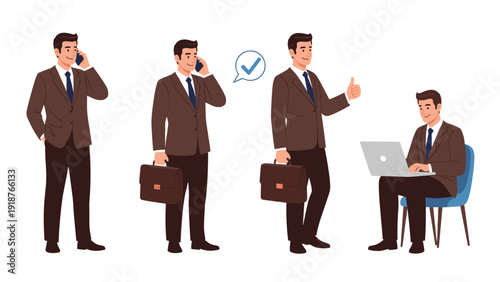 Set of illustrations featuring a professional man in a brown suit making phone calls, giving thumbs up, and working on a laptop.