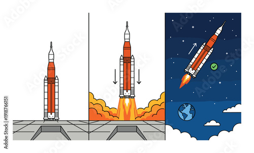 Large space rocket launch sequence vector illustration. preparation, fiery takeoff, flight with earth view