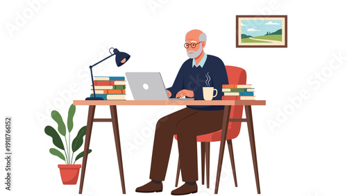 Focused elderly man with white beard sitting at a desk and working on his laptop with a cup of coffee and several books.