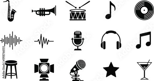 A comprehensive collection of minimalist black and white icons representing music, sound, and entertainment elements on a white background.