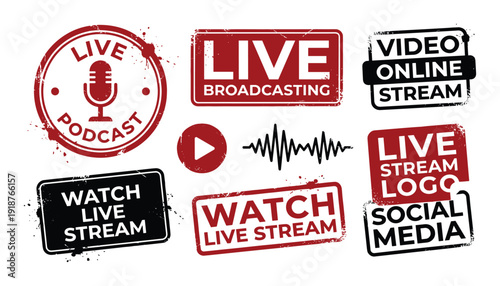 Live broadcast icons with play button sound wave and social media logos for streaming