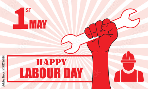 May 1st Happy Labour Day. Raising Hand Holding spanner with Raise Red background