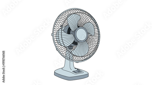 Modern grey electric table fan with metal guard to provide cooling air and ventilation during hot summer days in the office.