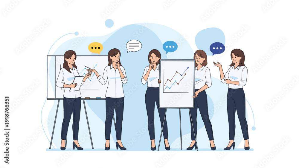 Fototapeta premium Team of businesswomen in professional attire collaborating and discussing data charts on whiteboards in a modern office setting.