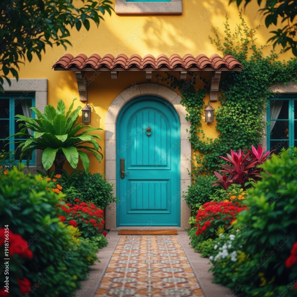 Fototapeta premium Door turquoise with vibrant garden pathway surrounded by colorful flowers and lush greenery leading to a charming entrance