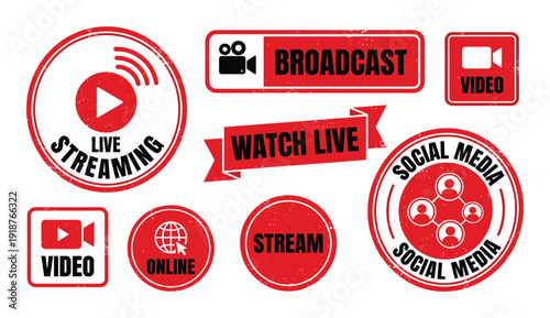 Live streaming and broadcast elements red play button video camera and social media icons