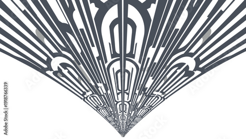 Complex abstract geometric architectural pattern with repeating shapes and lines creating a sense of deep perspective in gray tones.