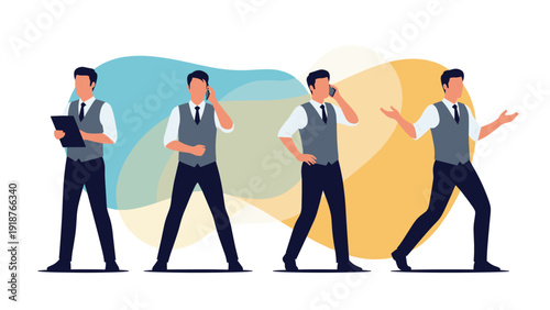 Businessman in a formal vest and white shirt shown in various poses including talking on a phone and holding a clipboard.