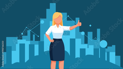 Confident blonde businesswoman giving a thumbs up in front of a blue digital city skyline background with a rising line graph.