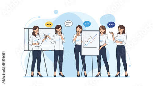 Team of businesswomen in professional attire collaborating and discussing data charts on whiteboards in a modern office setting.