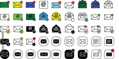 A comprehensive collection of email and message icons in various styles, colors, and notification states for digital communication applications.