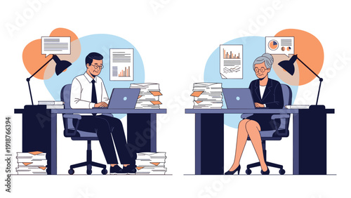 Two focused office employees sitting at their desks working on laptops surrounded by large stacks of paperwork and charts.
