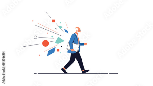 Elderly professional man in a blue suit carrying a laptop while walking through a space filled with abstract geometric shapes.