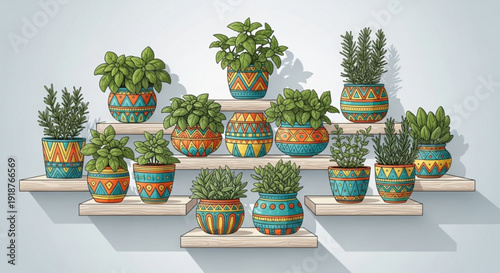 Vibrant succulents and plants in colorful patterned pots on wooden shelves against a light blue background