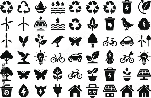 Eco-Icons Collection: A comprehensive compilation of eco-icons showcasing recycling, sustainability, and green energy concepts. 