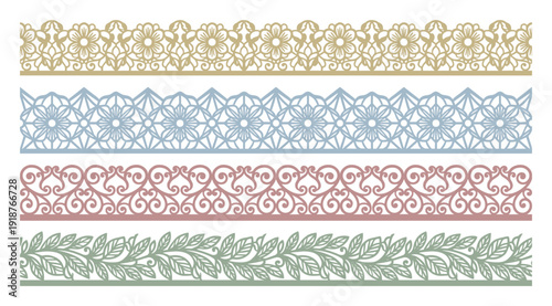 Set of decorative ornamental borders in different colors, elegant lace patterns for design