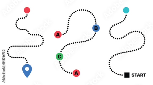 Set of dotted path routes with colorful location pins and navigation waypoints