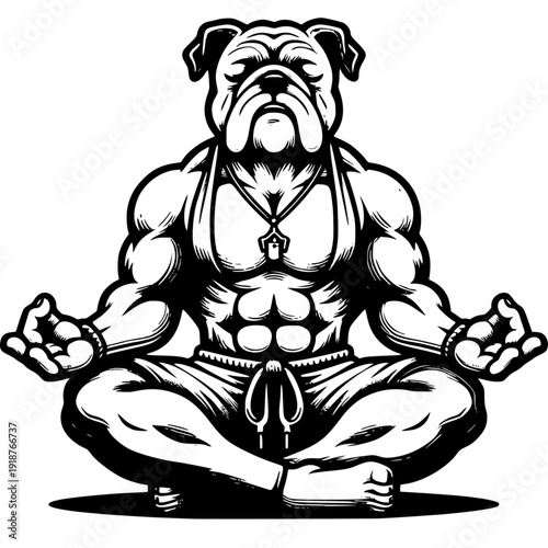 Bulldog Meditating in the Lotus Position: A muscular bulldog sits serenely in lotus position, its eyes closed and body radiating inner peace, representing mindfulness and balance.