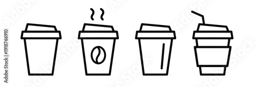 Collection of four coffee cups with lids, some showing steam, one with bean logo