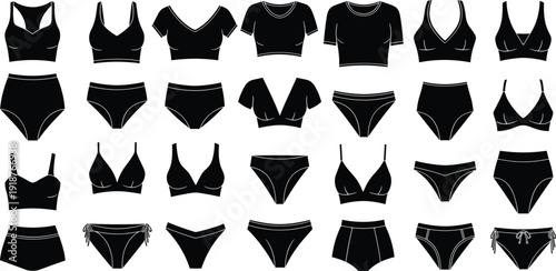 Minimalist Women Underwear and Swimwear Icon Set Featuring Bras Panties Crop Tops and Bikini Bottoms for Lingerie Fashion Apparel Design