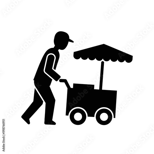 Street Vendor Pushing Cart with Umbrella.