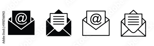 Collection of four email icons in black and white, representing communication and messages