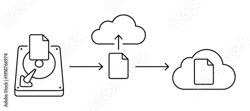 Simple line art infographic of data uploading from hard disk to cloud storage