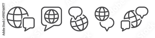 Collection of globes with speech bubbles symbols for communication and translation services