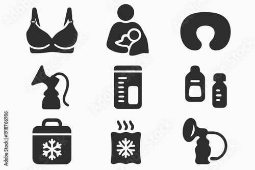 Collection of mother and baby care items including nursing bra breast pump storage bags bottles travel cooler and heating pad
