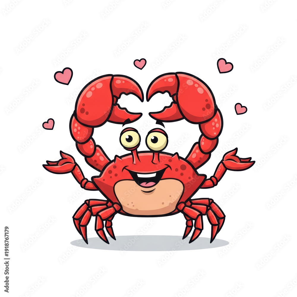 Fototapeta premium Cute red cartoon crab character with big eyes and a happy smile, forming a heart shape with its claws, surrounded by small pink hearts, isolated. isolated PNG with Transparent Background