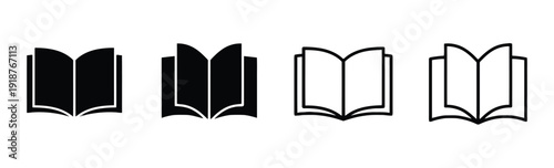 Collection of four open book icons in black and outline styles on white