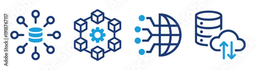 Collection of four modern technology icons in blue and dark blue hues