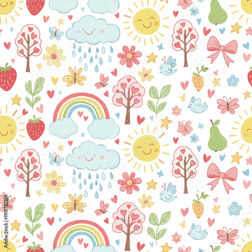 Whimsical Nature Fantasy Smiling Suns, Rainbows, Heart Trees, Playful Clouds, Cheerful Fruits, Butterflies, Birds, Stars, Flowers, Joyful Harmony