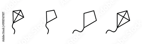 Collection of four simple line art kites with tails in different styles for fun and play