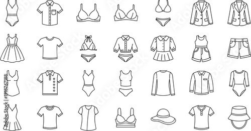 Universal Flat Fashion Icon Set Featuring Women Apparel Collection with Dresses Skirts Swimwear Underwear and Casual Tops for Clothing Design Vector