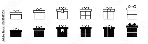 Collection of gift box icons in outline and filled styles for various occasions