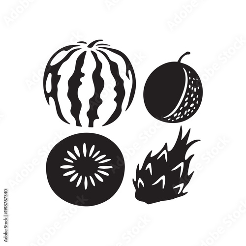 Tropical Fruit Collection Featuring Watermelon Dragonfruit Kiwi and Passionfruit Black Vector Icons.
