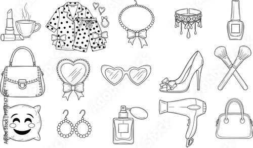 Women Fashion Lifestyle Icon Set Featuring Apparel Accessories Beauty Products Makeup High Heels Handbags and Personal Care Items Vector Illustration