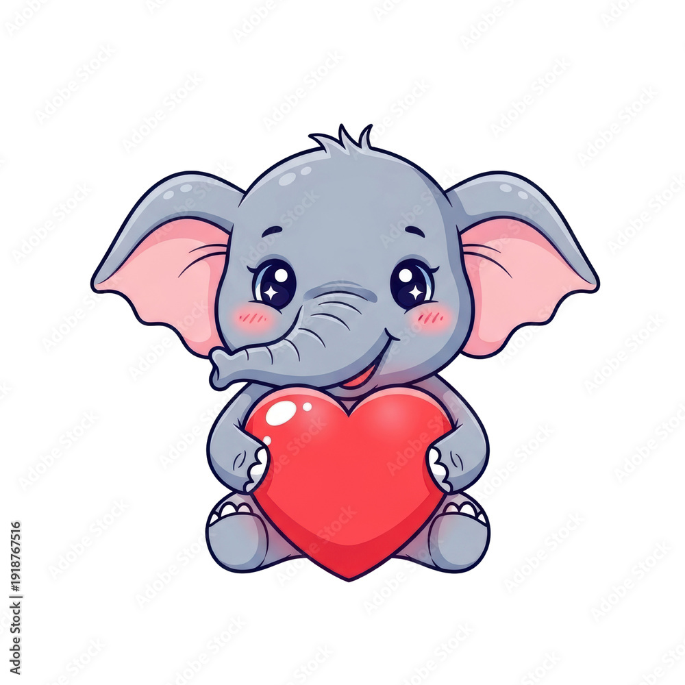 Obraz premium Cute baby elephant cartoon character sitting and holding a red heart, depicted in a sweet and charming illustration style with soft colors, isolated. isolated PNG with Transparent Background