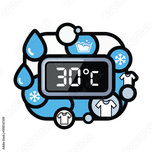 Digital display showing 30 degrees Celsius with laundry symbols and water droplets, representing washing machine settings for optimal fabric care and cleaning