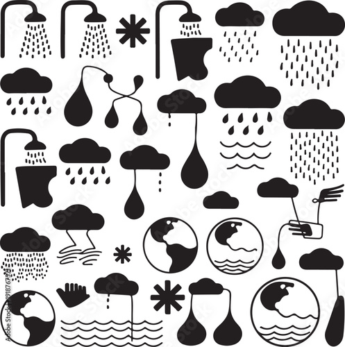 Weather and climate change icons and symbols in black and white