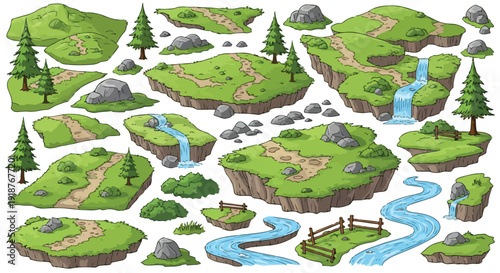 Hand drawn cartoon floating islands and nature elements set with paths, trees, rocks, and rivers