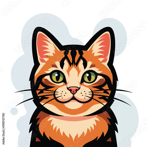 Captivating close-up illustration of a ginger tabby cat's face with striking green eyes and detailed fur patterns