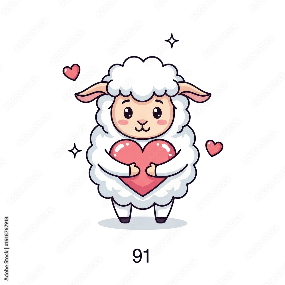 Fototapeta premium Cute cartoon sheep character holding a pink heart, with small hearts and sparkles around, created in a sweet, charming, and simple vector art style. isolated PNG with Transparent Background