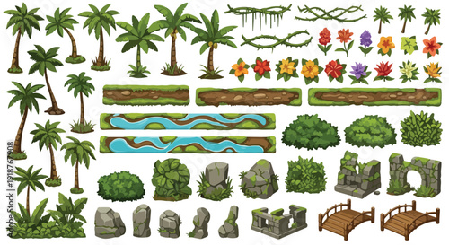 Collection of Tropical Island 2D Game Environment Vector Assets with Palm Trees, Bushes, Rocks, and Bridges