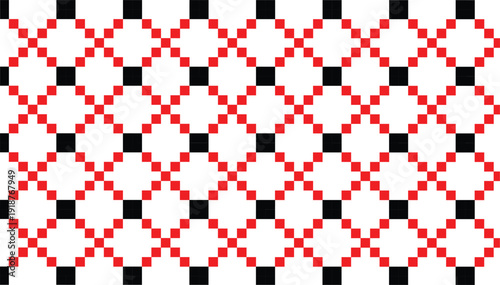 Seamless geometric pattern with black squares and red cross shapes on transparent background for creative graphic design textile printing professional surface textures