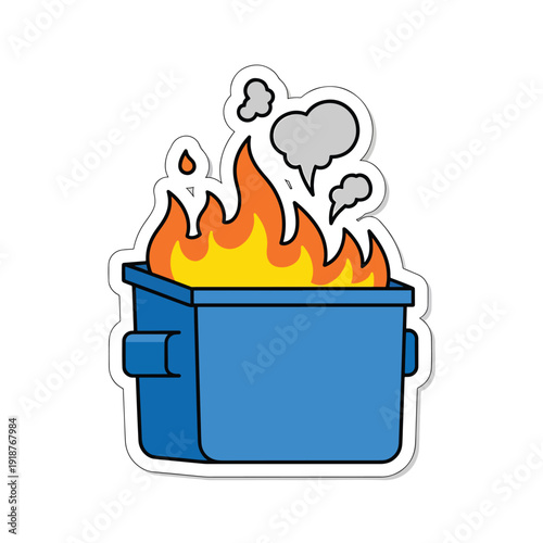 Illustration of a blue dumpster on fire with flames and smoke billowing out, symbolizing chaos or a disastrous situation